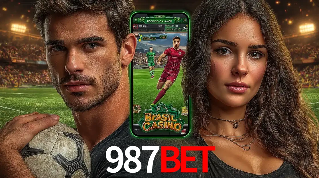 Homem segurando uma bola de futebol e uma mulher ao lado de um smartphone exibindo o jogo de apostas esportivas da 987BET. Faça seu palpite no cassino online.